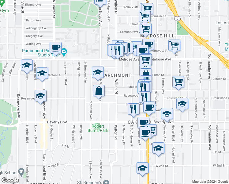 map of restaurants, bars, coffee shops, grocery stores, and more near 5100 West Maplewood Avenue in Los Angeles