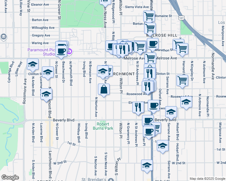 map of restaurants, bars, coffee shops, grocery stores, and more near 5100 West Maplewood Avenue in Los Angeles