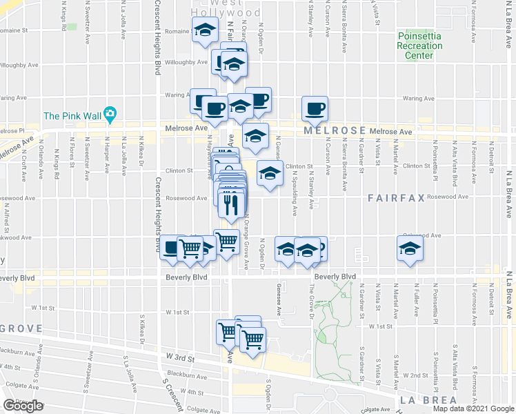 map of restaurants, bars, coffee shops, grocery stores, and more near 455 North Ogden Drive in Los Angeles