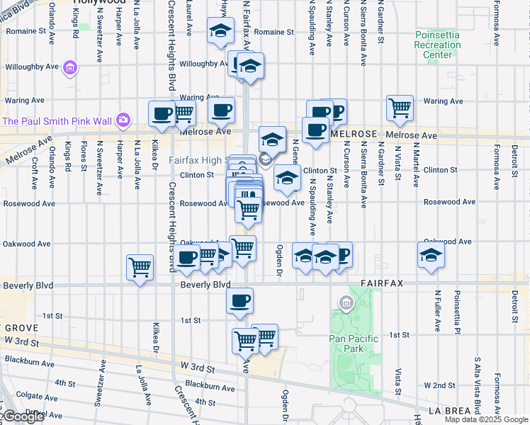 map of restaurants, bars, coffee shops, grocery stores, and more near 467 North Orange Grove Avenue in Los Angeles