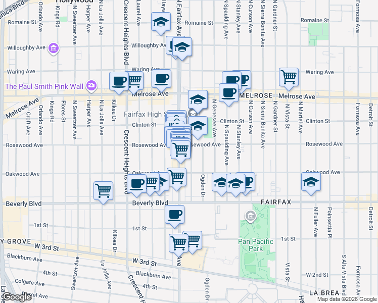 map of restaurants, bars, coffee shops, grocery stores, and more near 467 North Orange Grove Avenue in Los Angeles