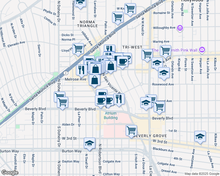 map of restaurants, bars, coffee shops, grocery stores, and more near 8717 Dorrington Avenue in West Hollywood