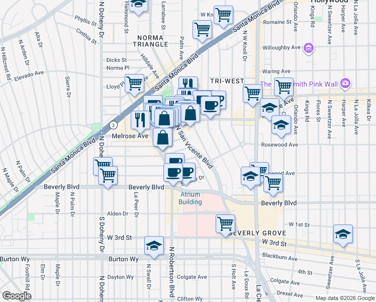 map of restaurants, bars, coffee shops, grocery stores, and more near 8717 Dorrington Avenue in West Hollywood
