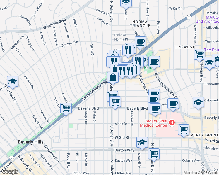 map of restaurants, bars, coffee shops, grocery stores, and more near 458 North Oakhurst Drive in Beverly Hills
