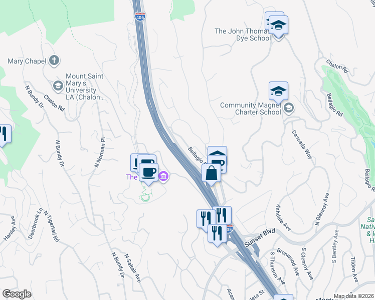 map of restaurants, bars, coffee shops, grocery stores, and more near 11790 Bellagio Road in Los Angeles