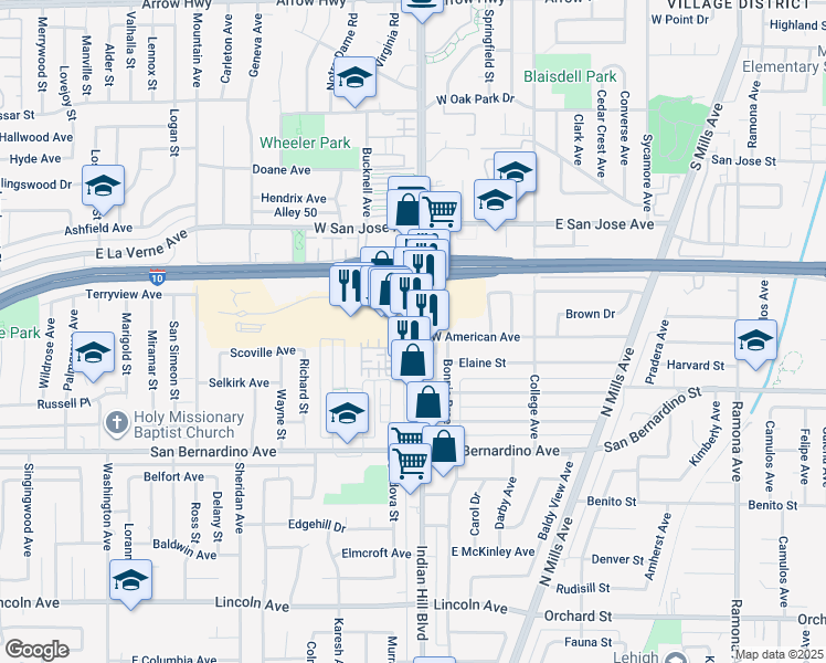 map of restaurants, bars, coffee shops, grocery stores, and more near 410 Auto Center Drive in Claremont