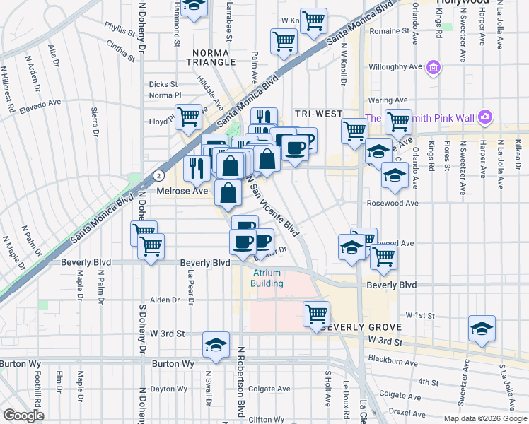 map of restaurants, bars, coffee shops, grocery stores, and more near 8717 Dorrington Avenue in West Hollywood