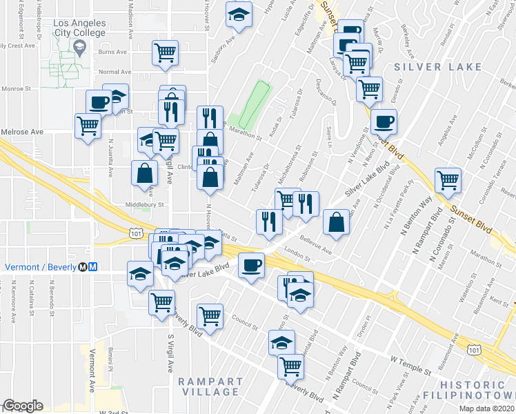 map of restaurants, bars, coffee shops, grocery stores, and more near 3415 Bellevue Avenue in Los Angeles