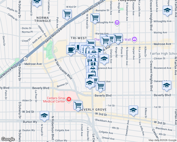 map of restaurants, bars, coffee shops, grocery stores, and more near 448 Westmount Drive in West Hollywood