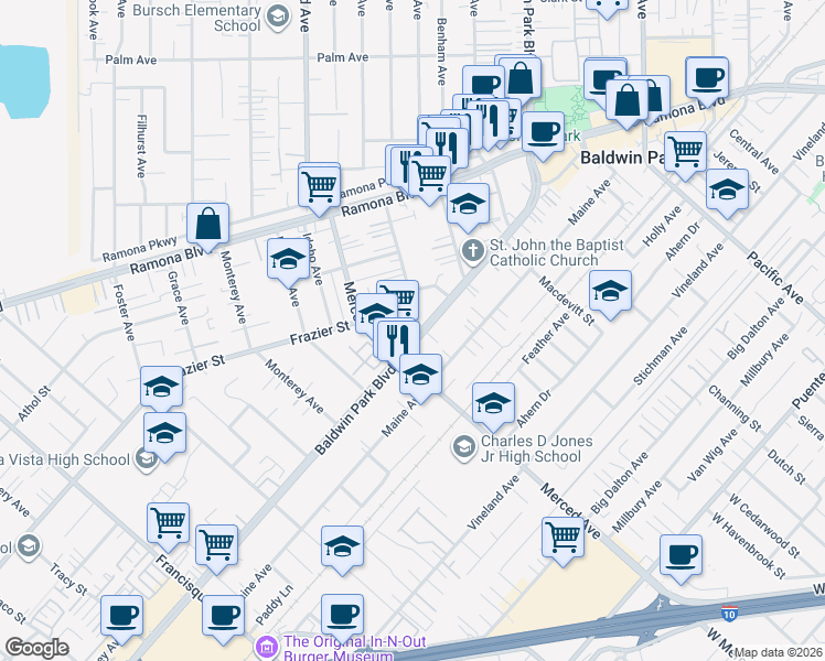 map of restaurants, bars, coffee shops, grocery stores, and more near 3729 Baldwin Park Boulevard in Baldwin Park