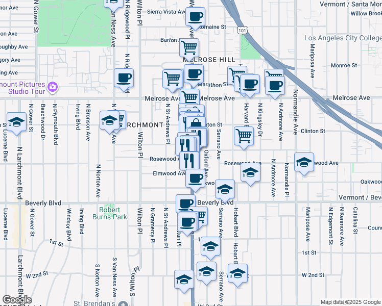 map of restaurants, bars, coffee shops, grocery stores, and more near 465 North Western Avenue in Los Angeles