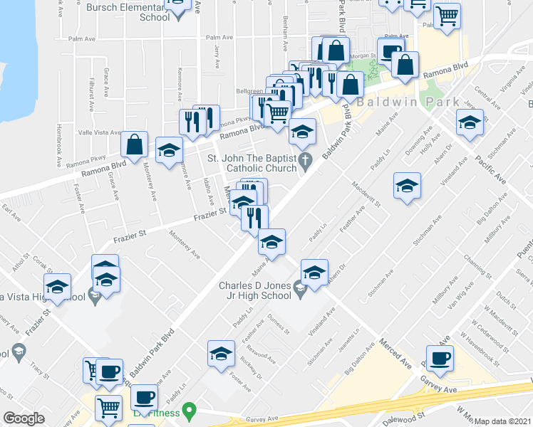 map of restaurants, bars, coffee shops, grocery stores, and more near 3729 Baldwin Park Boulevard in Baldwin Park