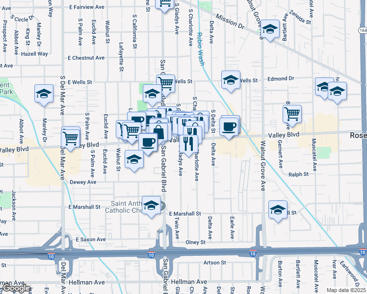 map of restaurants, bars, coffee shops, grocery stores, and more near in San Gabriel
