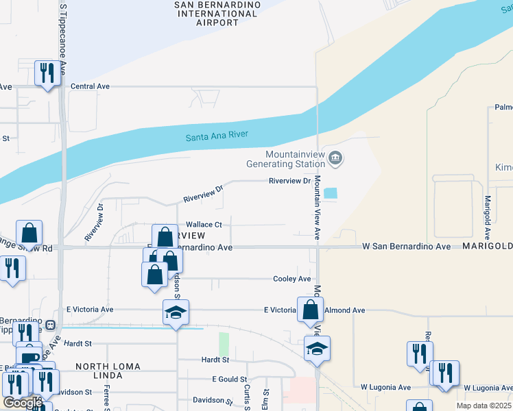 map of restaurants, bars, coffee shops, grocery stores, and more near 1817 Riverview Drive in San Bernardino