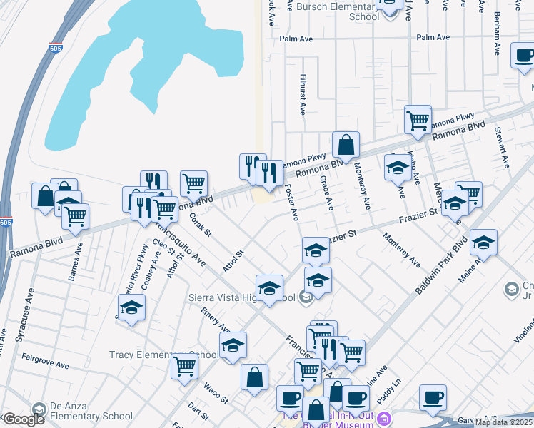 map of restaurants, bars, coffee shops, grocery stores, and more near 3849 Athol Street in Baldwin Park