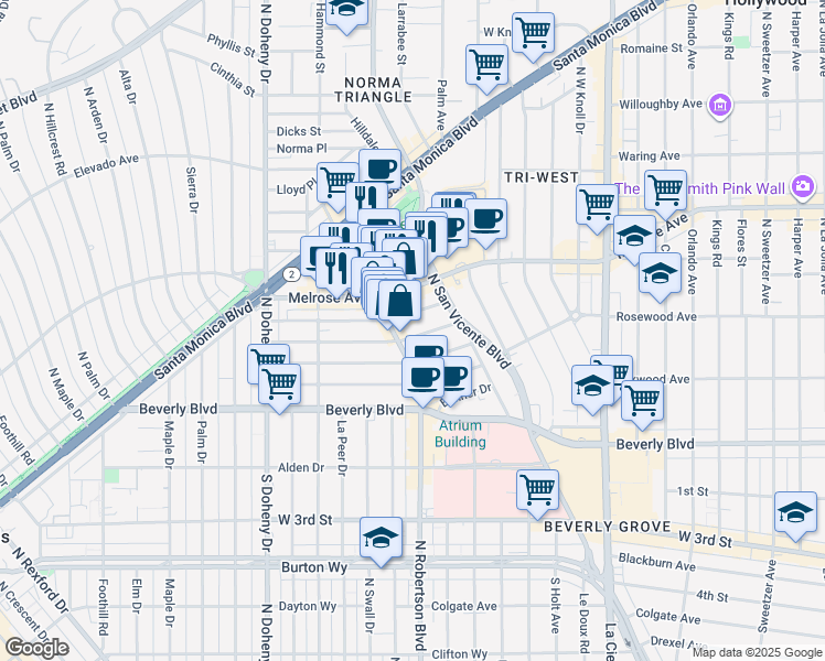 map of restaurants, bars, coffee shops, grocery stores, and more near 8758 Rangely Avenue in West Hollywood