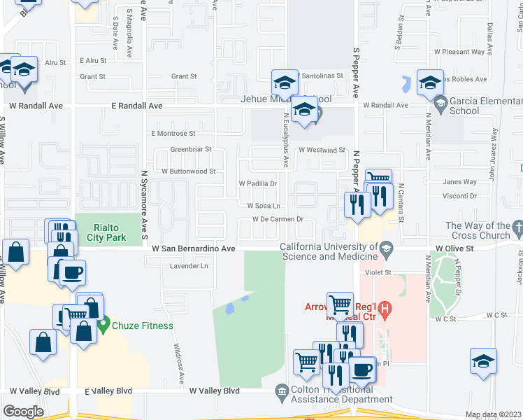 map of restaurants, bars, coffee shops, grocery stores, and more near 1944 West Sosa Lane in Colton