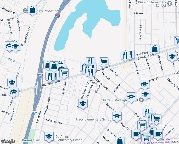 map of restaurants, bars, coffee shops, grocery stores, and more near Ramona Blvd & Francisquito Ave in Baldwin Park