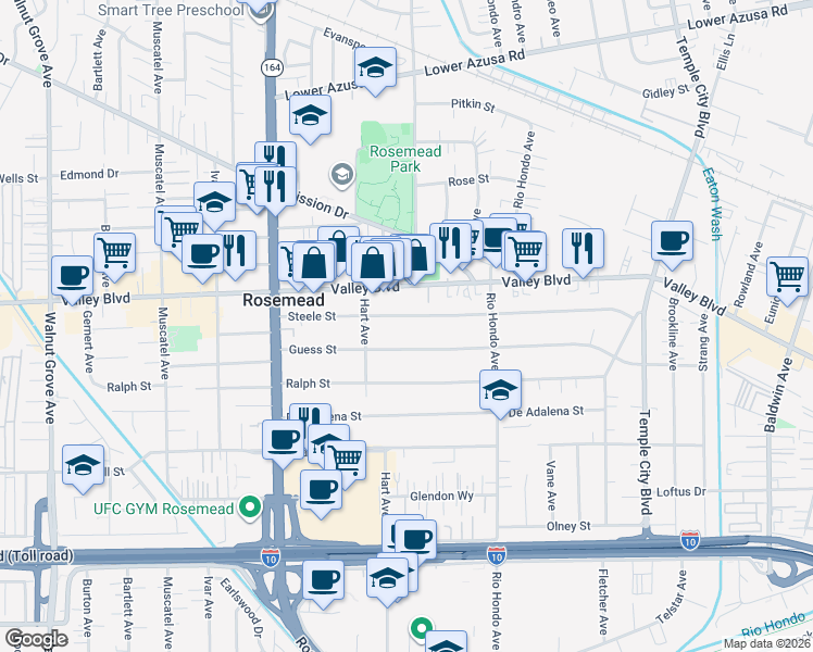 map of restaurants, bars, coffee shops, grocery stores, and more near 9246 Steele Street in Rosemead