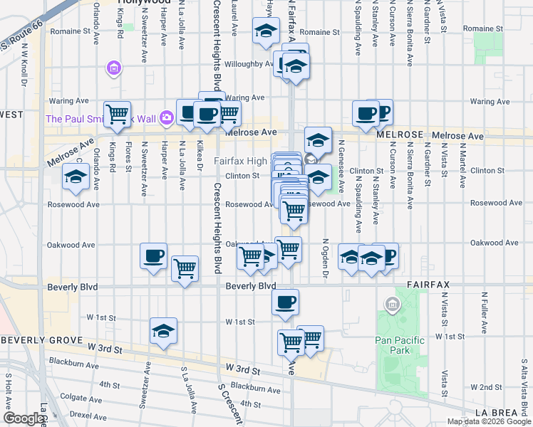 map of restaurants, bars, coffee shops, grocery stores, and more near 464 North Edinburgh Avenue in Los Angeles