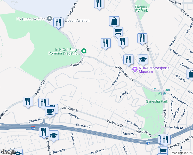 map of restaurants, bars, coffee shops, grocery stores, and more near 1328 El Paraiso Drive in Pomona