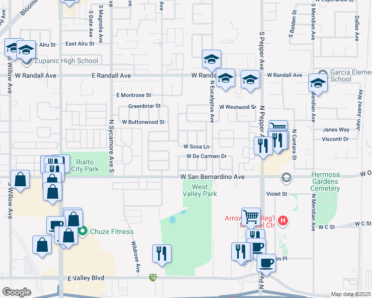 map of restaurants, bars, coffee shops, grocery stores, and more near 1130 North Christobal Lane in Colton