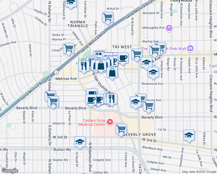 map of restaurants, bars, coffee shops, grocery stores, and more near 433 Norwich Drive in West Hollywood