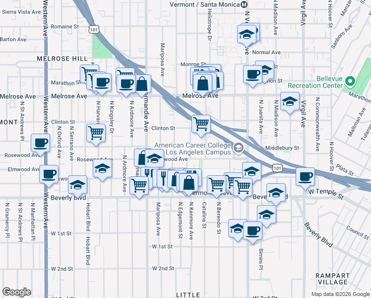 map of restaurants, bars, coffee shops, grocery stores, and more near 528 North Alexandria Avenue in Los Angeles