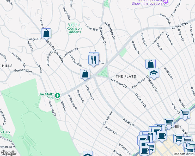 map of restaurants, bars, coffee shops, grocery stores, and more near 107 Sunset Boulevard in Beverly Hills