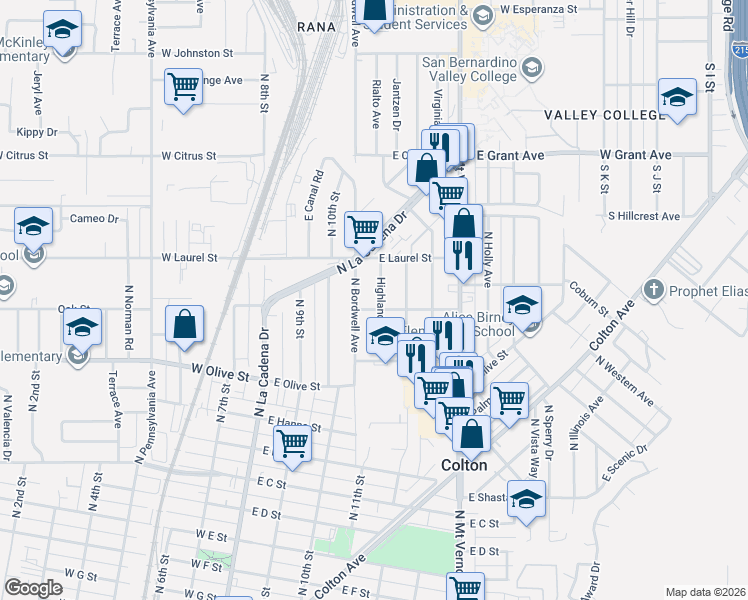 map of restaurants, bars, coffee shops, grocery stores, and more near 1307 Highland Avenue in Colton