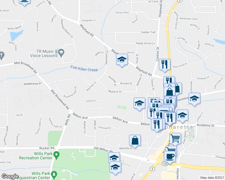 map of restaurants, bars, coffee shops, grocery stores, and more near 162 Kenneth Drive in Alpharetta
