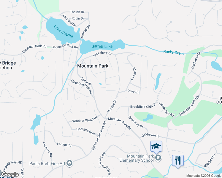 map of restaurants, bars, coffee shops, grocery stores, and more near 105 Walnut Street in Roswell