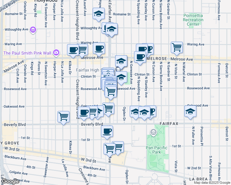 map of restaurants, bars, coffee shops, grocery stores, and more near 440 North Orange Grove Avenue in Los Angeles