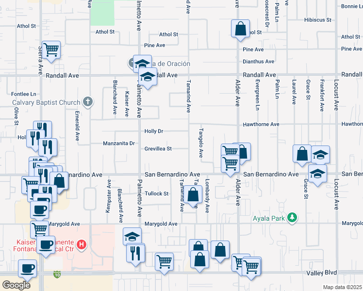 map of restaurants, bars, coffee shops, grocery stores, and more near 17468 Grevillea Street in Fontana
