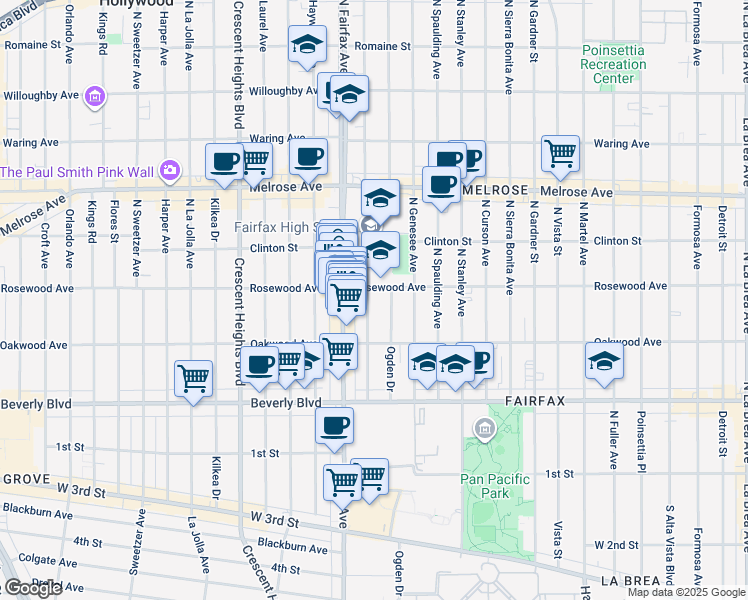 map of restaurants, bars, coffee shops, grocery stores, and more near 454 North Orange Grove Avenue in Los Angeles