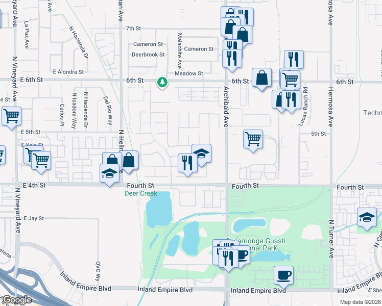 map of restaurants, bars, coffee shops, grocery stores, and more near 9539 Brook Drive in Rancho Cucamonga