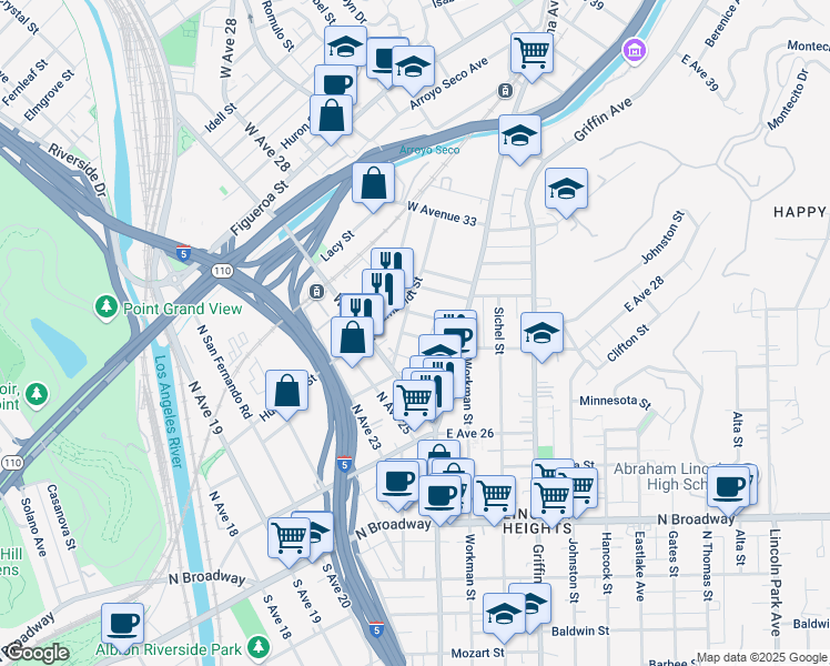 map of restaurants, bars, coffee shops, grocery stores, and more near 151 West Avenue 28 in Los Angeles