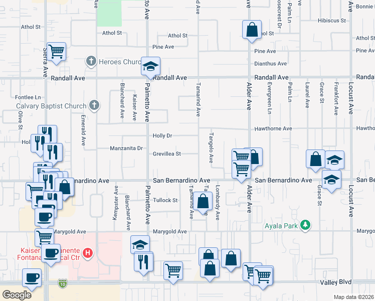 map of restaurants, bars, coffee shops, grocery stores, and more near 17454 Grevillea Street in Fontana