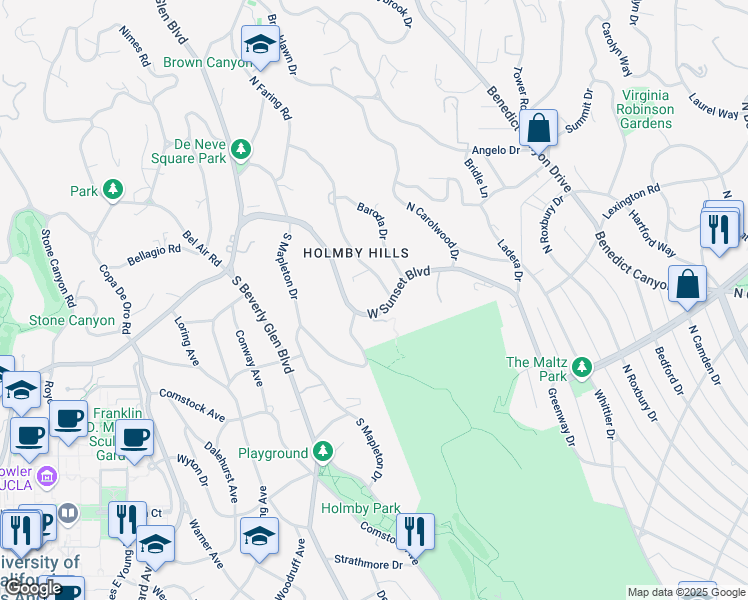 map of restaurants, bars, coffee shops, grocery stores, and more near 107 Delfern Drive in Los Angeles
