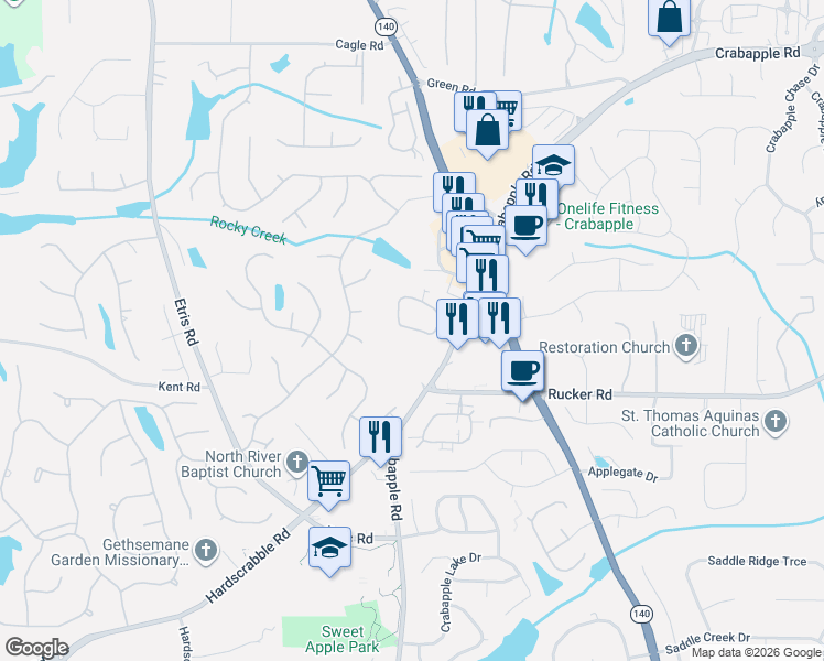 map of restaurants, bars, coffee shops, grocery stores, and more near 2005 Sweet Apple Circle in Roswell