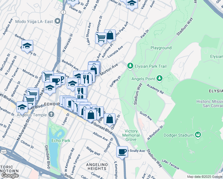 map of restaurants, bars, coffee shops, grocery stores, and more near 1536 Sargent Place in Los Angeles