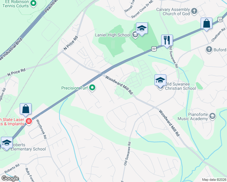 map of restaurants, bars, coffee shops, grocery stores, and more near 4298 Woodward Mill Road in Sugar Hill