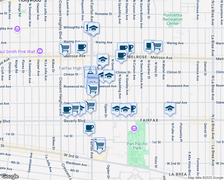 map of restaurants, bars, coffee shops, grocery stores, and more near 455 North Genesee Avenue in Los Angeles