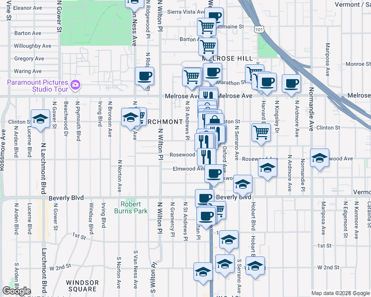 map of restaurants, bars, coffee shops, grocery stores, and more near 470 North Saint Andrews Place in Los Angeles