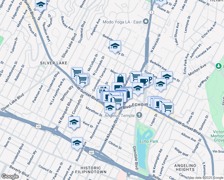 map of restaurants, bars, coffee shops, grocery stores, and more near 2208 Reservoir Street in Los Angeles