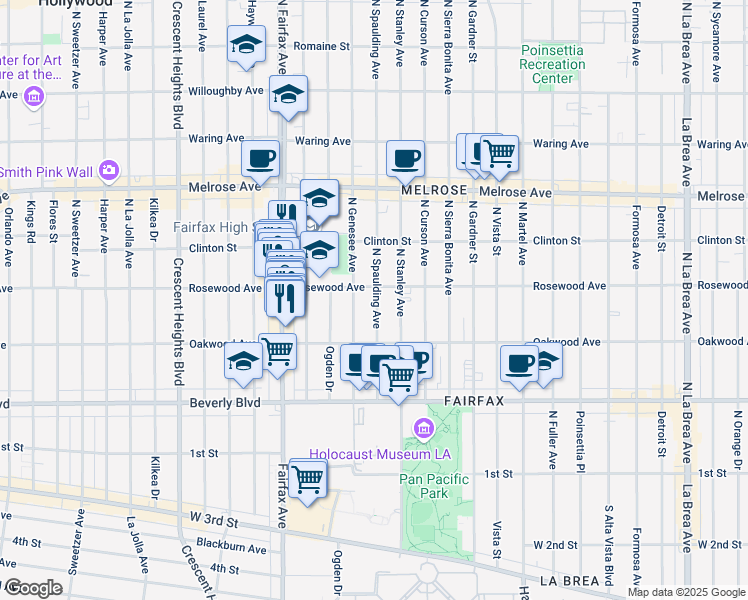 map of restaurants, bars, coffee shops, grocery stores, and more near 457 North Spaulding Avenue in Los Angeles