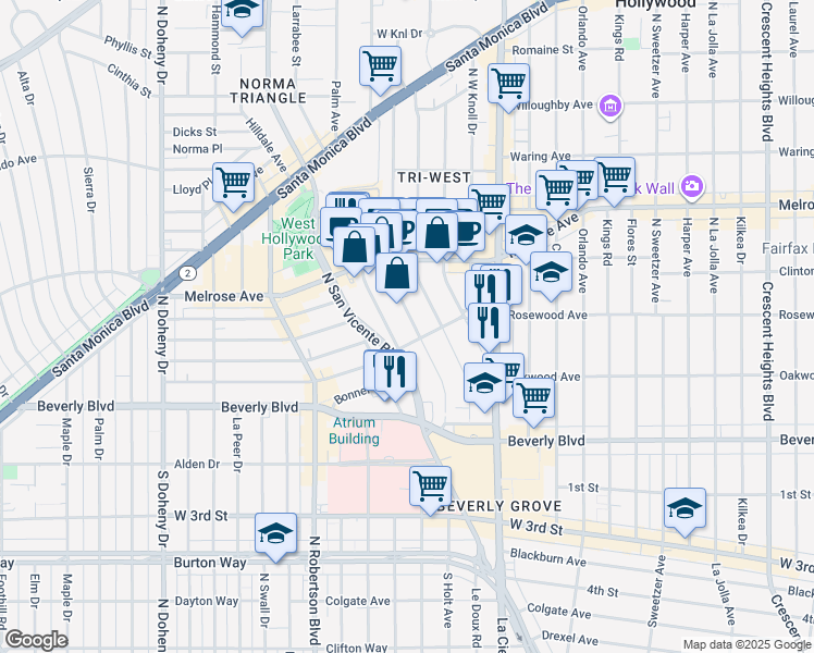 map of restaurants, bars, coffee shops, grocery stores, and more near 419 Huntley Drive in West Hollywood