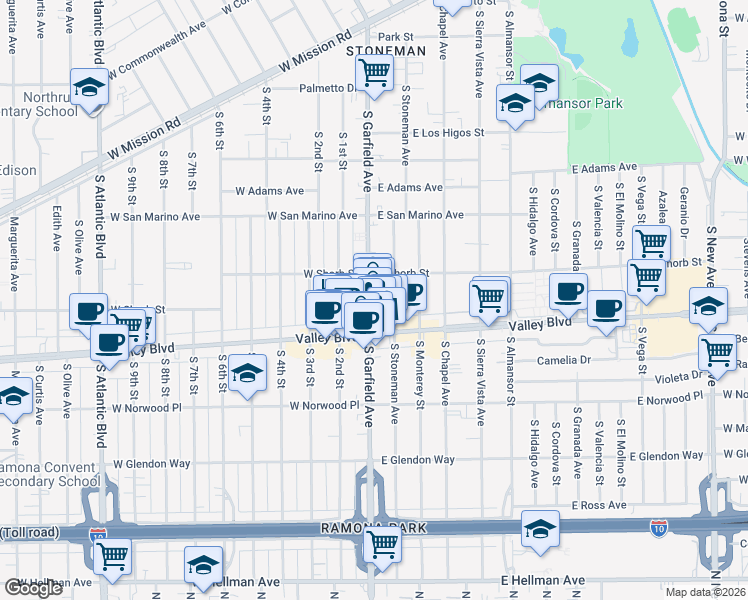 map of restaurants, bars, coffee shops, grocery stores, and more near 1224 South Garfield Avenue in Alhambra