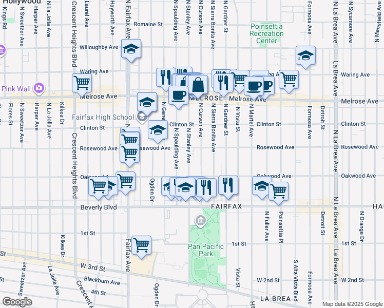 map of restaurants, bars, coffee shops, grocery stores, and more near 456 North Stanley Avenue in Los Angeles