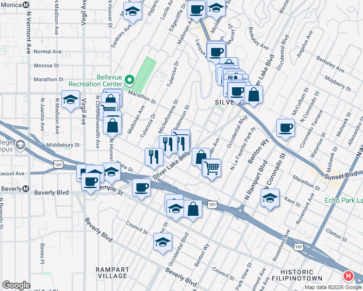 map of restaurants, bars, coffee shops, grocery stores, and more near 2 North Dillon Street in Los Angeles